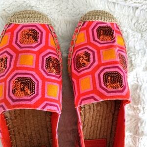 Tory Burch cecily embellished slip on espadrilles vivid pink/orange size 6